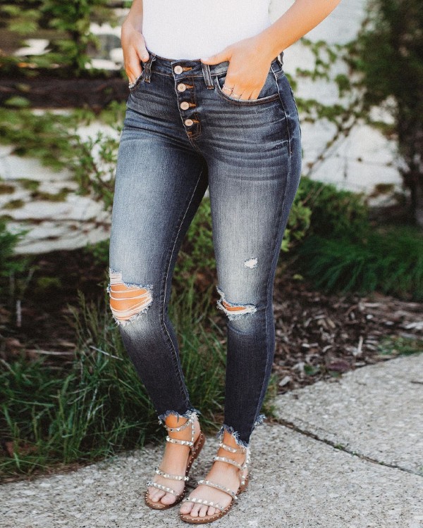Button Fly Cutout Ripped Raw Hem Skinny Jeans