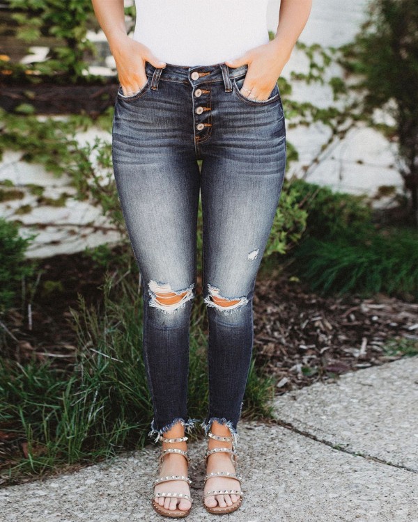 Button Fly Cutout Ripped Raw Hem Skinny Jeans