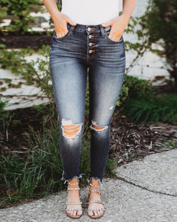 Button Fly Cutout Ripped Raw Hem Skinny Jeans