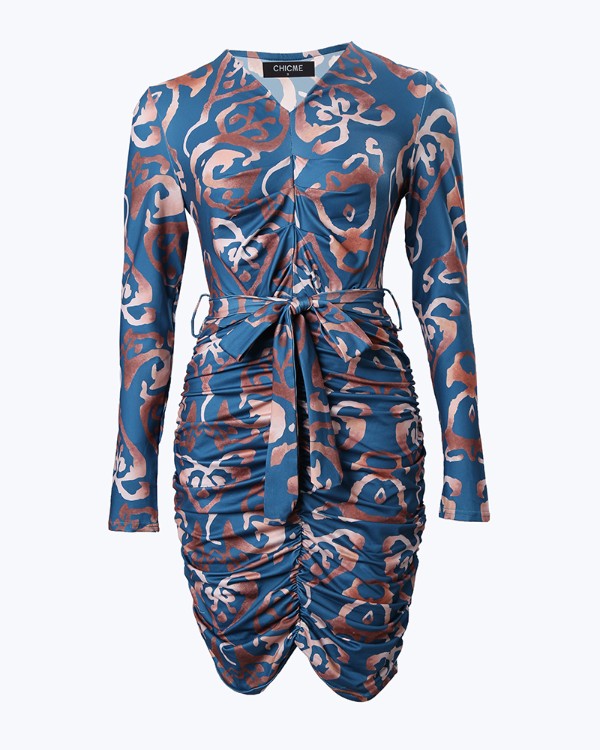 Allover Print Long Sleeve Tied Detail Ruched Dress