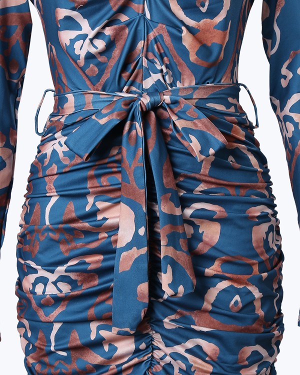 Allover Print Long Sleeve Tied Detail Ruched Dress