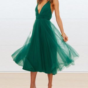 Crisscross Backless Sheer Mesh Evening Dress