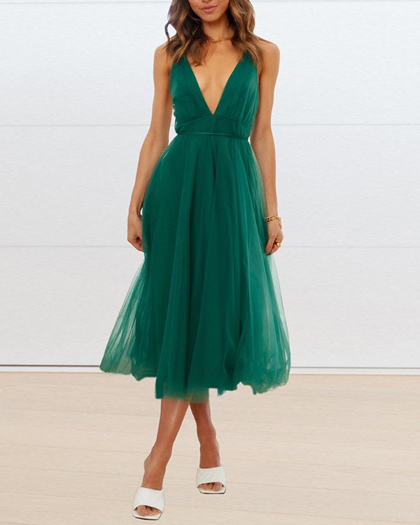 Crisscross Backless Sheer Mesh Evening Dress