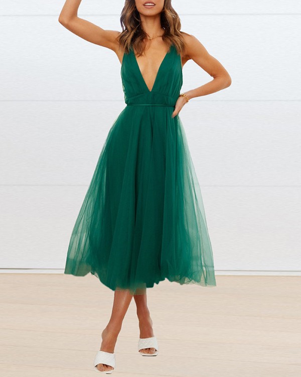 Crisscross Backless Sheer Mesh Evening Dress