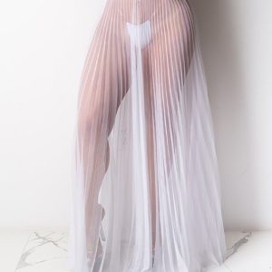 High Waist Sheer Mesh Pleated Maxi Skirt