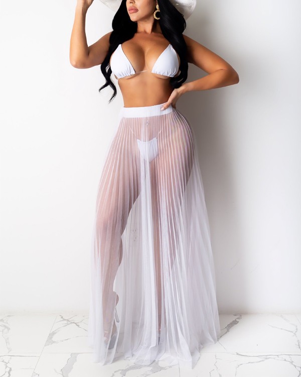 High Waist Sheer Mesh Pleated Maxi Skirt