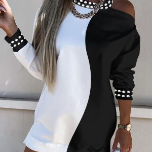 Colorblock Rhinestone Decor Cold Shoulder Sweatshirt Dress