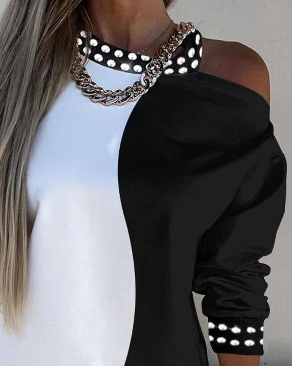 Colorblock Rhinestone Decor Cold Shoulder Sweatshirt Dress