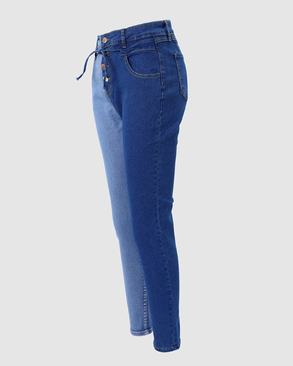 Colorblock Button Fly Skinny Jeans