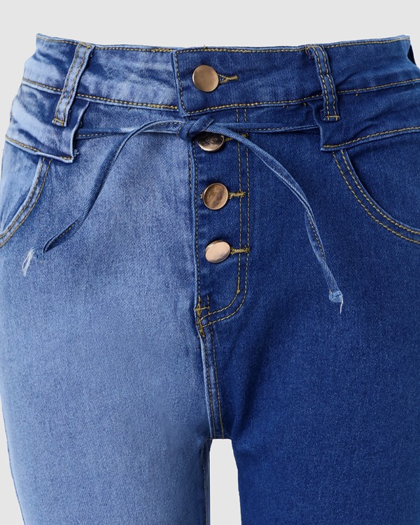 Colorblock Button Fly Skinny Jeans