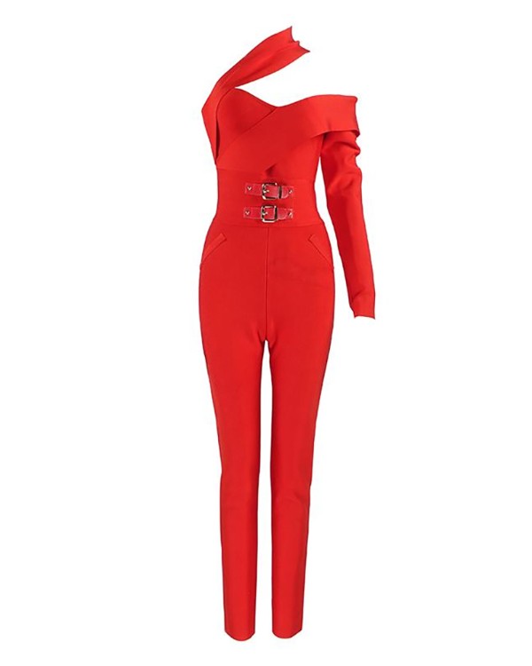 Asymmetrical Neck Buckled Skinny Jumpsuit