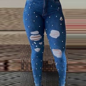 Beaded Ripped High Waist Skinny Jeans