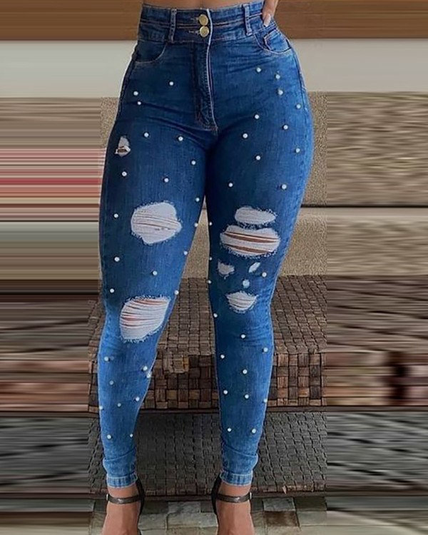 Beaded Ripped High Waist Skinny Jeans