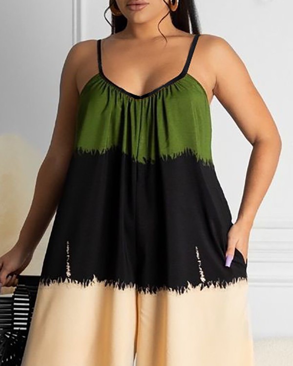 Colorblock Pocket Design Ruched Wide Leg Jumpsuit