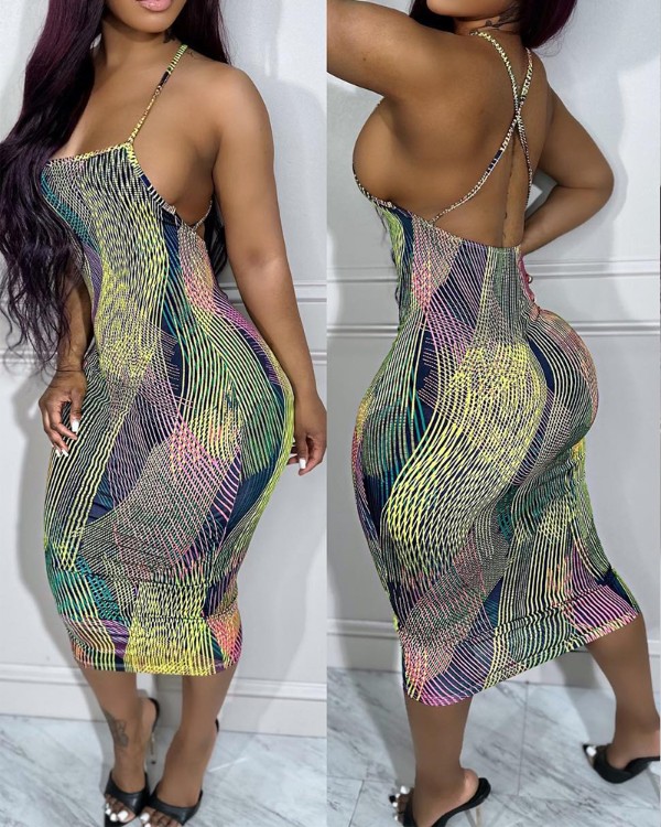 Abstract Print Crisscross Backless Bodycon Dress