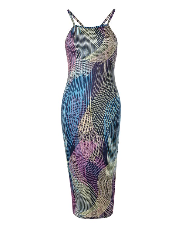 Abstract Print Crisscross Backless Bodycon Dress