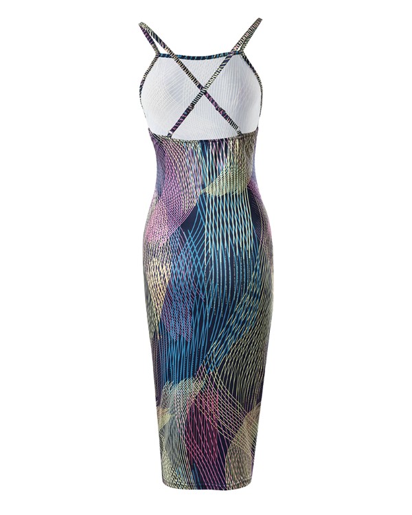 Abstract Print Crisscross Backless Bodycon Dress