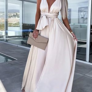 Deep V-Neck Sleeveless Flared Evening Dress