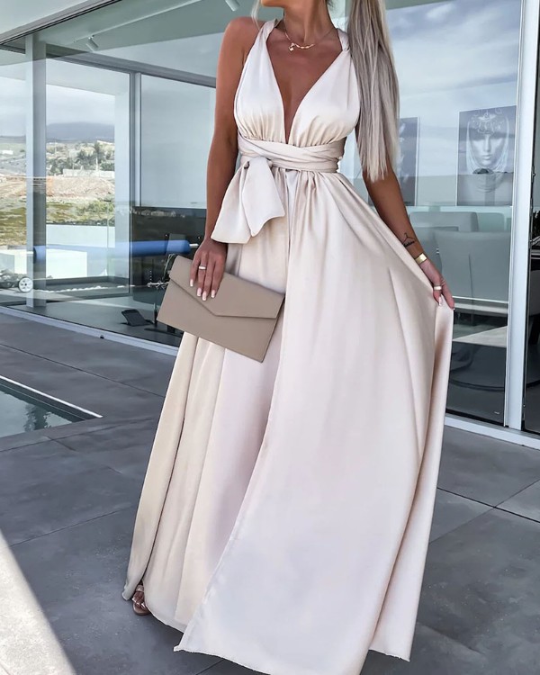 Deep V-Neck Sleeveless Flared Evening Dress
