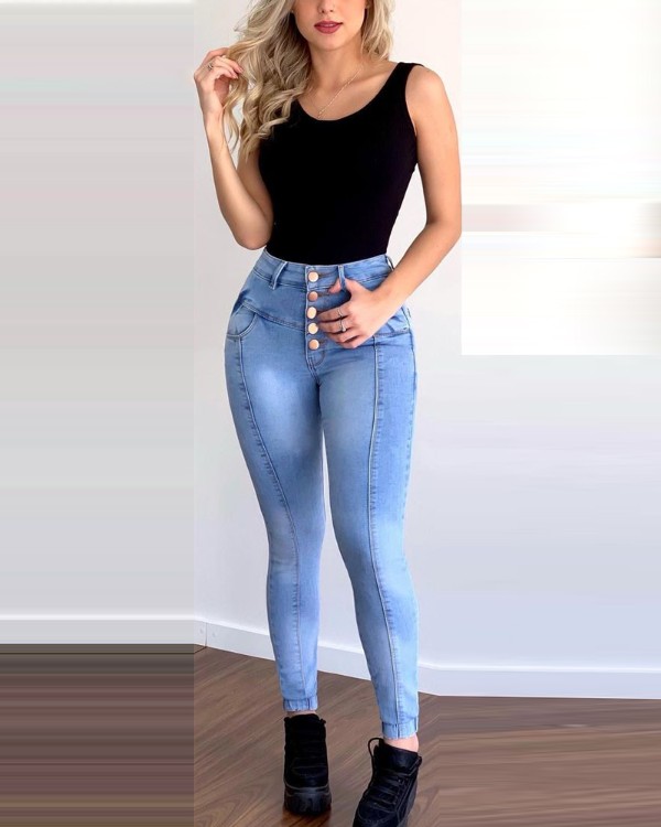 Buttoned High Waist Pocket Detail Skinny Jeans